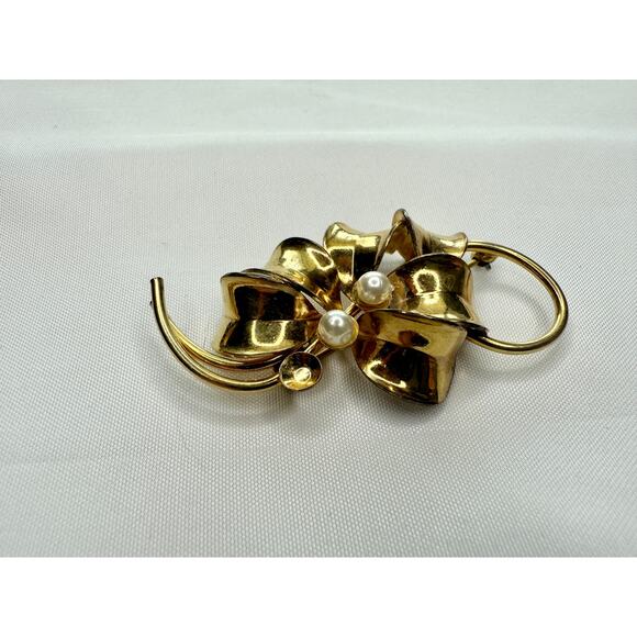 Vintage 1940s Forstner 12K Gold Filled Retro Floral Bow Brooch with Pearls - Picture 3 of 8